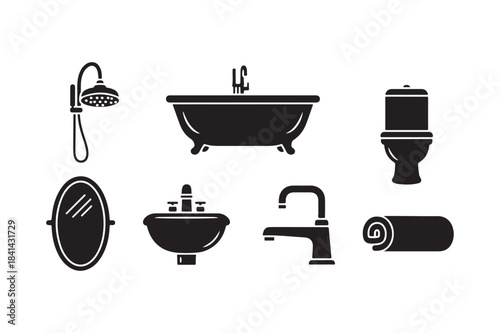 Collection of black silhouette bathroom fixtures and accessories