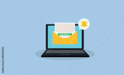 Laptop with a bell notification and verify mail. .Reminder on desktop. New message notification
