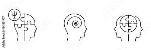 Psychology mind icon set, human head puzzle, spiral focus thinking, shared brain collaboration outline therapy concept vector illustration.