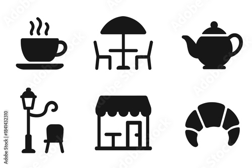 Street Café Icon Set. Street café with people chatting. Filled icon set of street café with people chatting: