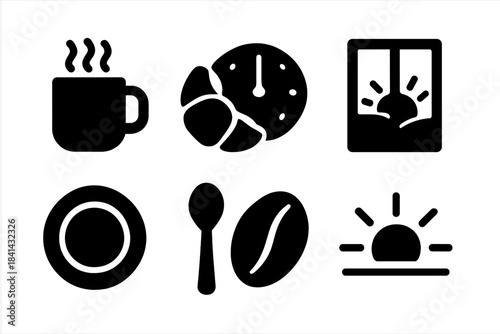 Morning Coffee Icons. Morning coffee. Filled icon set of morning coffee: steaming mug, croissant, clock,