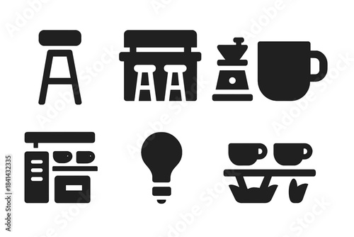 Café Icon Set. Café interior. Filled icon set of café interior: bar stool, counter, coffee grinder, mug, menu