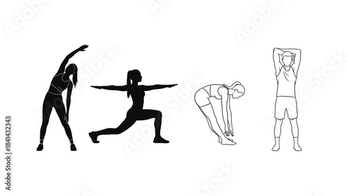 Set of four female figures performing different stretching and warmup exercises for fitness and yoga