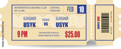 Retro Boxing Match Ticket Template. Vintage Boxing Fight Admit One Coupon . Antique Sport Event Ticket Design Vector