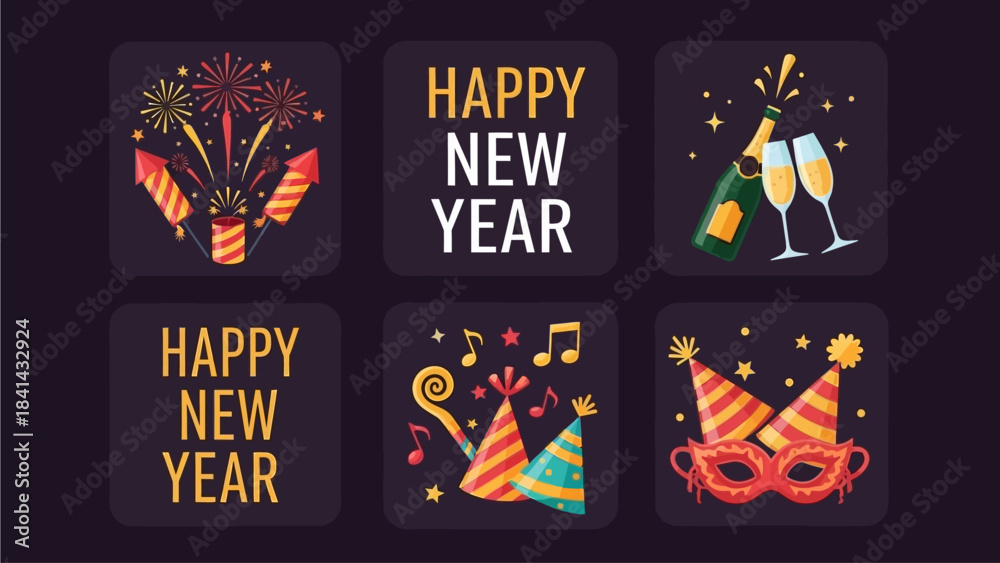 Fototapeta premium Happy New Year Celebration Cards and Party Elements Set