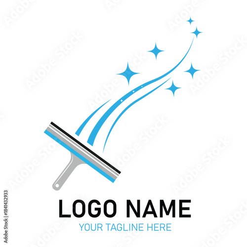 Cleaning services logo with a squeegee and sparkling starburst design elements