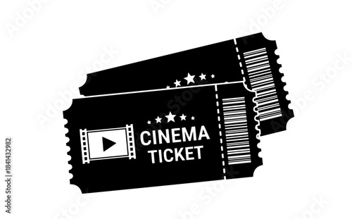 Two overlapping black tickets feature "CINEMA TICKET" text, star accents, a film strip icon, and perforated barcode stubs, perfectly capturing the anticipation of the theater experience
