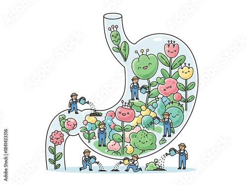 Illustrative concept of a healthy gut tiny gardeners nurture a vibrant flower garden within a human stomach for optimal digestion