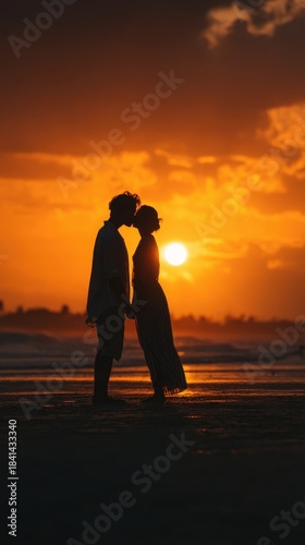 Silhouetted Couple at Sunset by the Beach