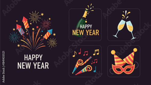 Happy New Year Celebration Cards and Party Elements Set