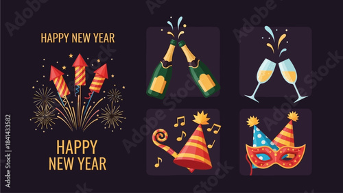 Happy New Year Celebration Cards and Party Elements Set