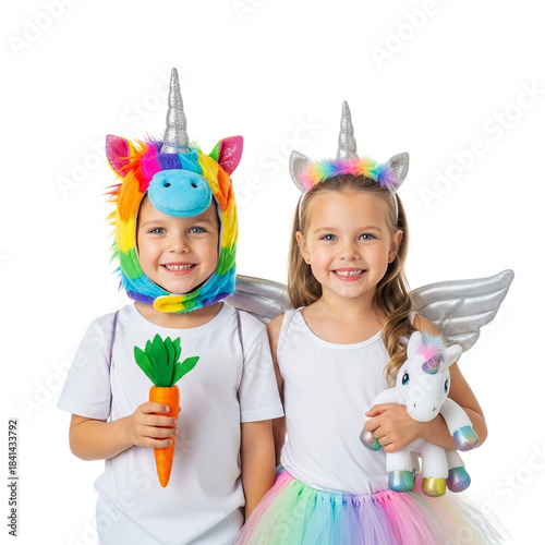 PNG of Two cheerful children dressed in vibrant unicorn costumes, holding a carrot and plush unicorn toy.