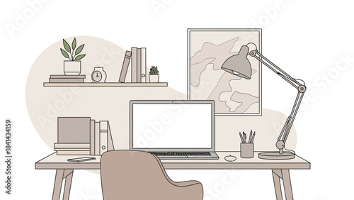 Minimalist Home Office Workspace with Laptop, Desk Lamp, and Cozy Decor