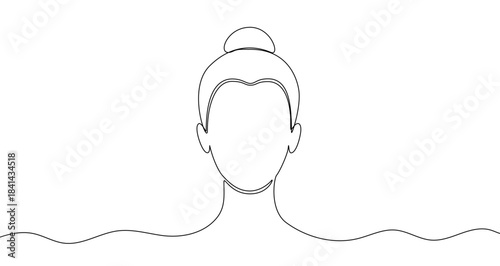 Female head with hair bun on head in continuous one line art style. Face sketch with editable black stroke on white background. Vector illustration.