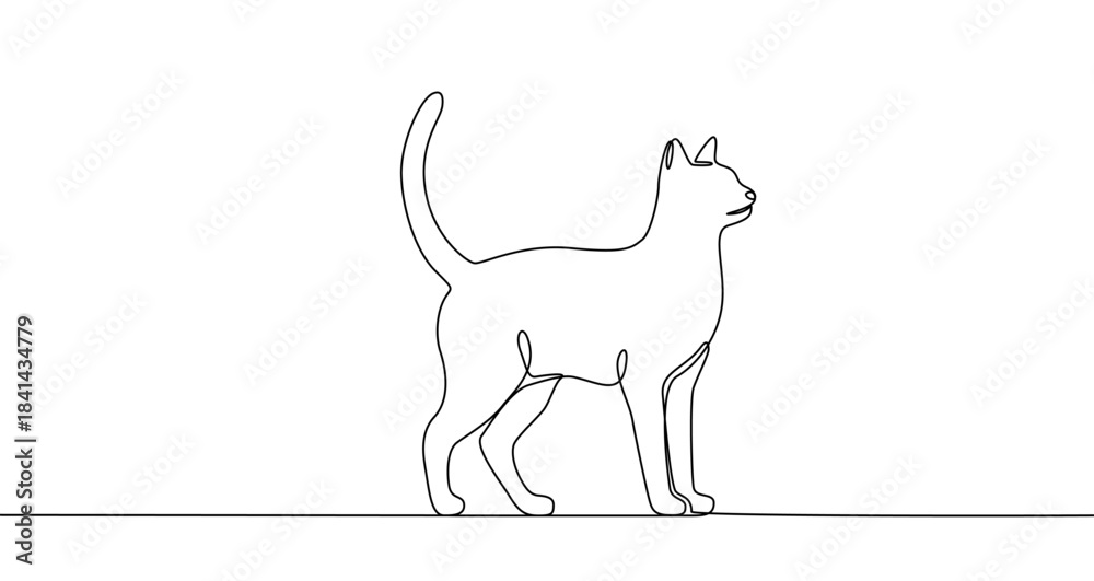 Fototapeta premium Continuous one line drawing of a cat standing in profile with its tail raised. Editable black stroke on a white background. Vector illustration.