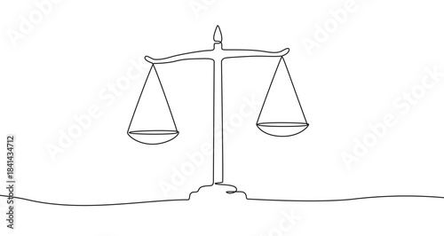 Continuous one line drawing of the balance scales of justice. Editable black stroke on a white background. Vector illustration.