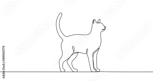 Continuous one line drawing of a cat standing in profile with its tail raised. Editable black stroke on a white background. Vector illustration.