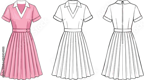Pleated dress technical sketch, front and back view, pink garment design template, fashion illustration, sewing mockup, flat vector illustration