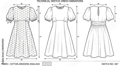 Puff sleeve dress variations, flared skirt styles, technical fashion sketch, garment construction details, cotton fabric concept, flat vector illustration
