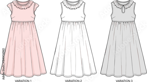 Sleeveless dress design variations, ruffled neckline, gathered skirt, front and back views, fashion template, sewing mockup, flat vector illustration