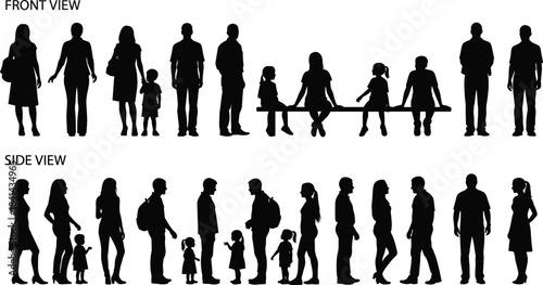 Silhouettes, people, front view, side view, adults, children, bench, interaction, backpack, standing, sitting, design, flat vector illustration