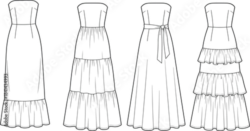 Strapless dress collection, tiered and belted styles, ruffled hem, fashion sketch set, elegant silhouettes, flat vector illustration