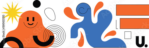 Abstract colorful characters, playful geometric shapes, modern fluid design, vibrant art composition, creative visual elements, whimsical style, flat vector illustration