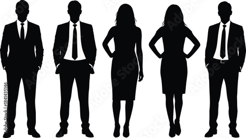 Business attire silhouettes, diverse professional figures, corporate team concept, confident workplace stance, flat vector illustration