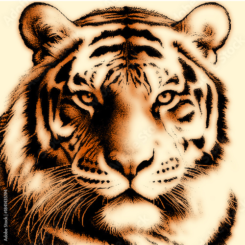 Close-up digital artportrait of a majestic tiger with watchful eyes and black stripes
