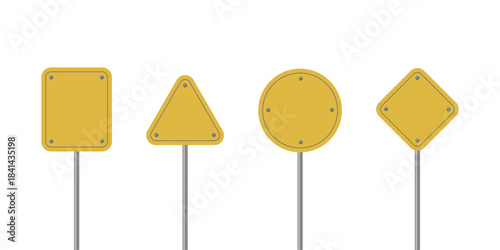 Blank yellow road signs set with square, triangle, circle and diamond shapes on poles. Empty traffic sign templates for design, warning, and navigation.