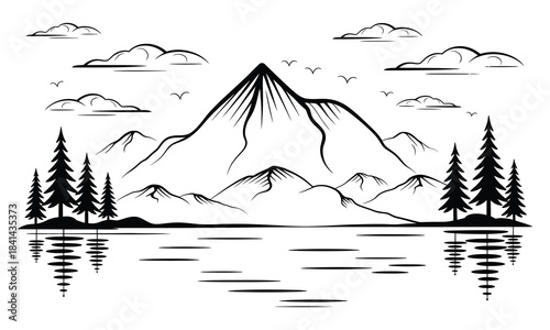 Mountain lake panorama sketch in clean minimalist line art showing alpine peak, lush pine forest, and calm reflective water in artistic hand-drawn vector landscape