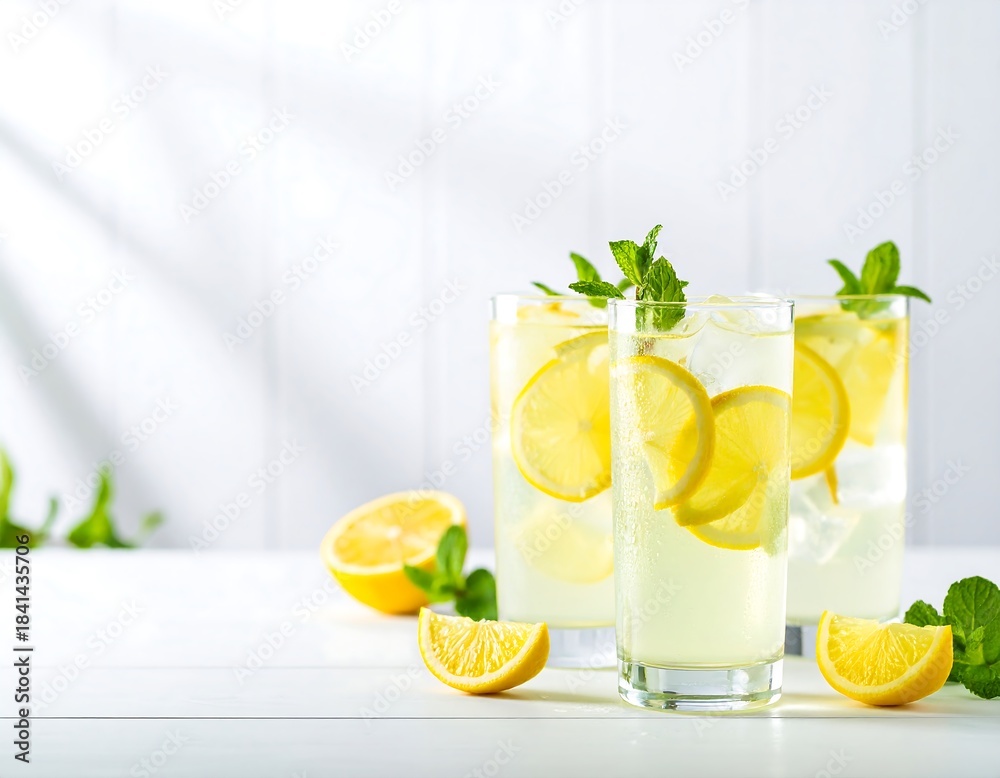 Fototapeta premium Refreshing glasses of lemonade with mint and ice on white table