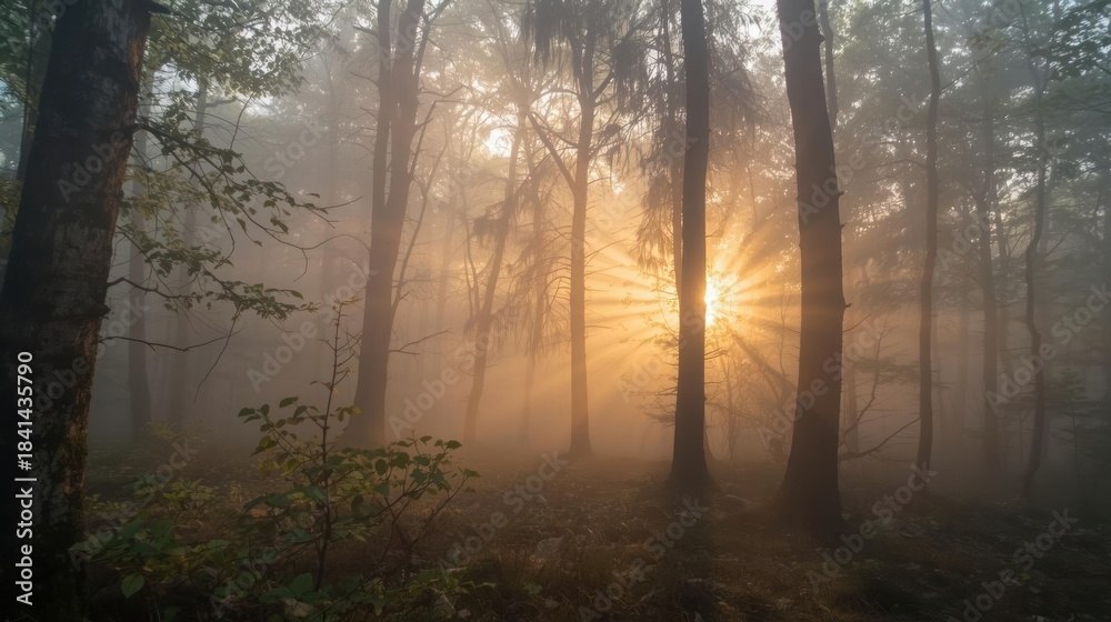 Obraz premium Serene Sunlight Breaking Through Trees in Misty Forest at Dawn