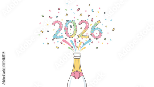 Illustration of a champagne bottle with colorful confetti and '2026' balloons against a white background, celebrating Happy New Year 2026.