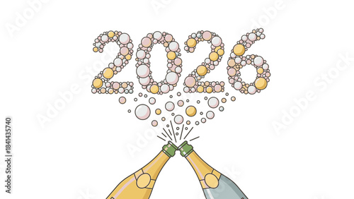 Illustration of champagne bottles clinking with colorful bubbles forming the text 'Happy New Year 2026' in a celebratory scene.