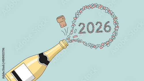Illustration of a champagne bottle popping with confetti forming a circle around '2026' on a light blue background, symbolizing Happy New Year 2026 celebrations.