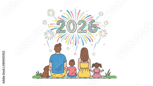 Illustration of a family with two children and a dog watching fireworks display on a grassy field with colorful explosion of lights and numbers 2026 in the background on Happy New Year 2026