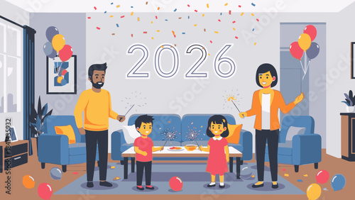 Illustration of a diverse family celebrating Happy New Year 2026 with colorful balloons and confetti in a cozy living room