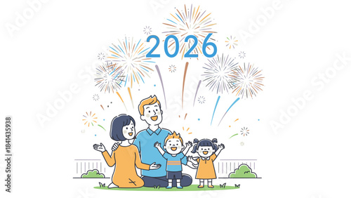 Illustration of a happy family celebrating Happy New Year 2026 with fireworks and a joyful mood in a colorful outdoor setting.