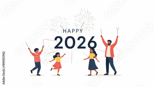 Illustration of a joyful family celebrating Happy New Year 2026 with fireworks and sparklers in a colorful and lively scene.