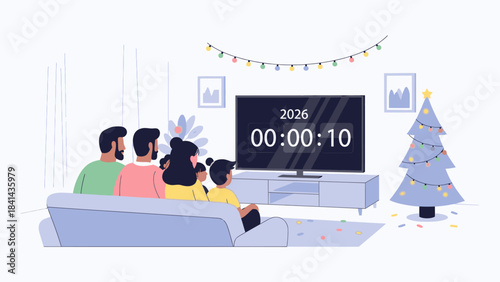 Illustration of a family watching a countdown to midnight on TV in a cozy living room with a Christmas tree, celebrating Happy New Year 2026 with festive decorations and a joyful atmosphere.