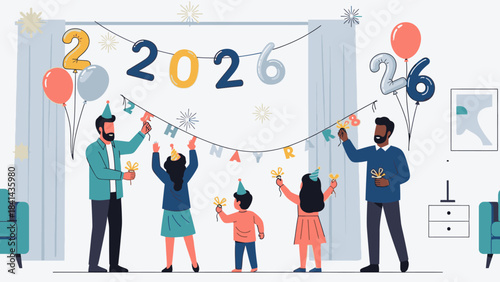 Illustration of a diverse family decorating a room with Happy New Year 2026 banners, balloons, and streamers in a joyful and celebratory mood with colorful decorations.