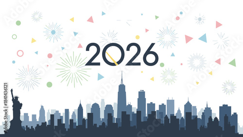 Illustration of a city skyline with fireworks and confetti celebrating Happy New Year 2026 against a white background with a joyful mood.