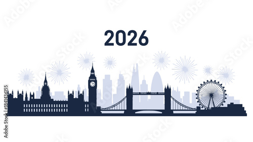 Graphic illustration of London cityscape with iconic landmarks and fireworks on a white background, celebrating Happy New Year 2026 with a joyful atmosphere.