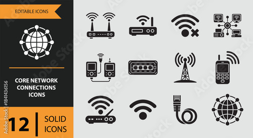 12 core network connections icons solid icon set isolated on white background