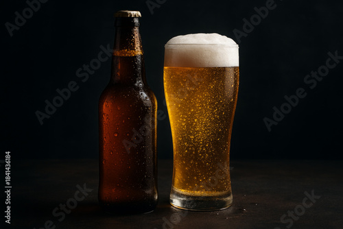 Cold glass of golden beer with thick foam head standing next to brown bottle with condensation.