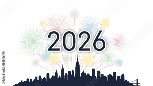 Graphic illustration of a city skyline silhouette with colorful fireworks and the text '2026' on a white background, conveying a celebratory mood for Happy New Year 2026.