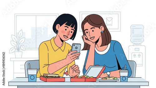 Lunchtime Moments: Two friends share a joyful lunchtime moment, captivated by the content on a smartphone, savoring the connection and the shared meal.
