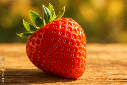 Fresh ripe red strawberry with green leaves sitting on wooden surface in warm summer sunlight.