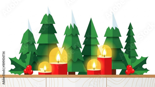 Winter Solstice: A minimalist arrangement of Christmas trees and illuminated candles. A festive and warm embrace of the holiday season.